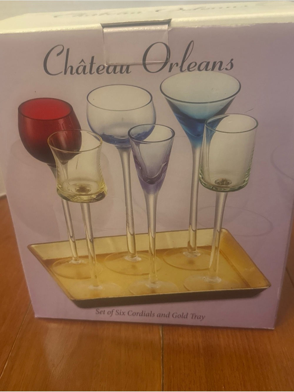 VTG Chateau Orleans Cordial Set of 6 Multi Color Glass Gold Tray NIB - Picture 2 of 9